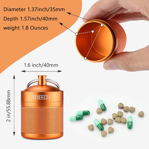 Keychain Pill Organizer, Waterproof Aluminum Container for Outdoor Travel Camping, Size: 1.6 x 1.6 x 2 in (Orange)