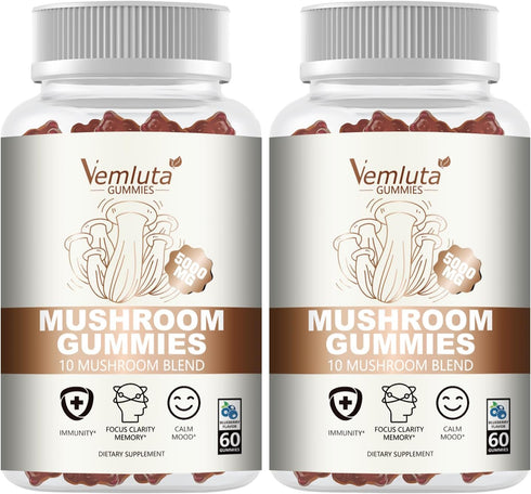 Vemluta 2 Packs 5000MG Mushroom Gummies -10 Blend Organic Mushroom Supplement containing Lion's