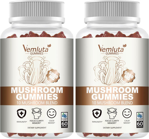Vemluta 2 Packs 5000MG Mushroom Gummies -10 Blend Organic Mushroom Supplement containing Lion's