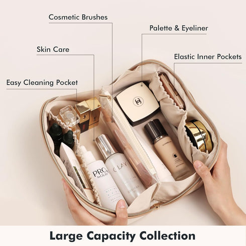 Large Capacity Waterproof PU Leather Cosmetic Bag for Women, Open Flat Makeup Organizer with Clear Divider and Handle