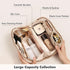 Large Capacity Waterproof PU Leather Cosmetic Bag for Women, Open Flat Makeup Organizer with Clear Divider and Handle