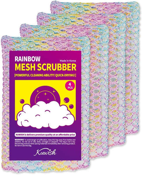 Rainbow Mesh Scrubber Set - 4 Pack Multi-Color Non-Scratch Cleansing Sponges for Kitchen, Bathroom, Home Cleaning