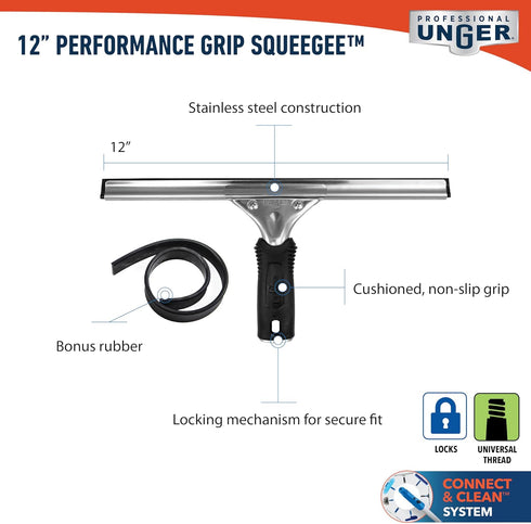 Unger Professional 12" Performance Window & Glass Cleaning Squeegee with Replacement Rubber - Heavy Duty Cleaning