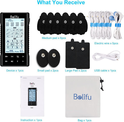 Belifu 4 Channel TENS EMS Unit, 24 Modes, Rechargeable Electric Pulse Massager for Pain Relief Therapy (Black)