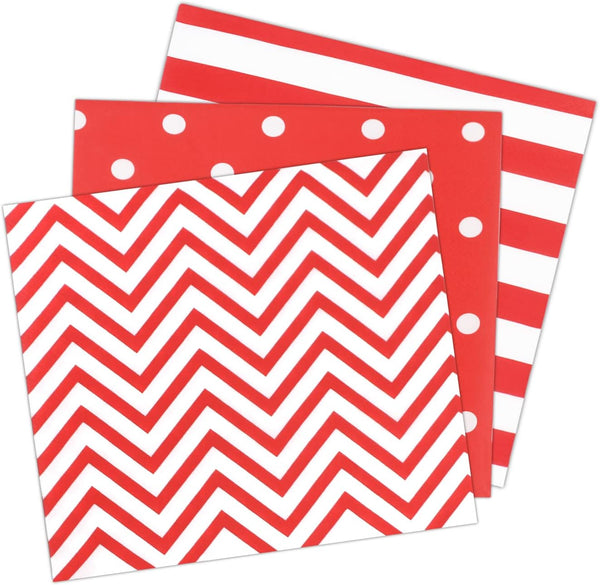 Disposable 2-ply Party Napkins, Striped Chevron Polka Dot Paper Napkins for Birthday, 60-Count, 13" x 13" Red