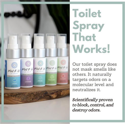 Mist N’ Go by Omaze Travel Bathroom Spray - Toilet Odor Eliminator, Air Freshener, Deodorizer - Travel Size (1oz x5)