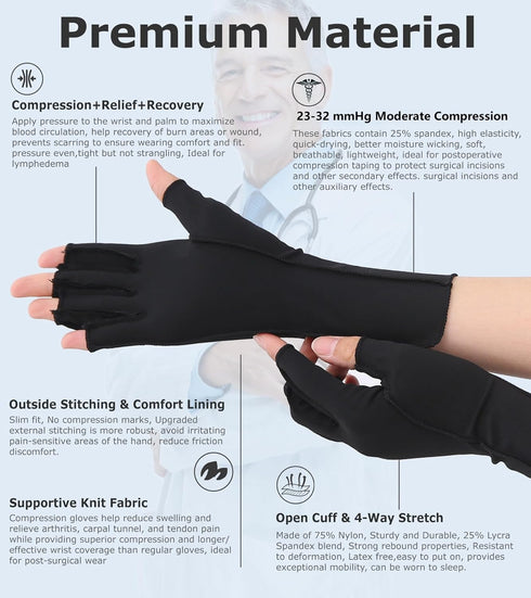 Compression Gloves for Arthritis Pain Relief, Fingerless Circulation Gloves for Men & Women, 1 Pair Black L