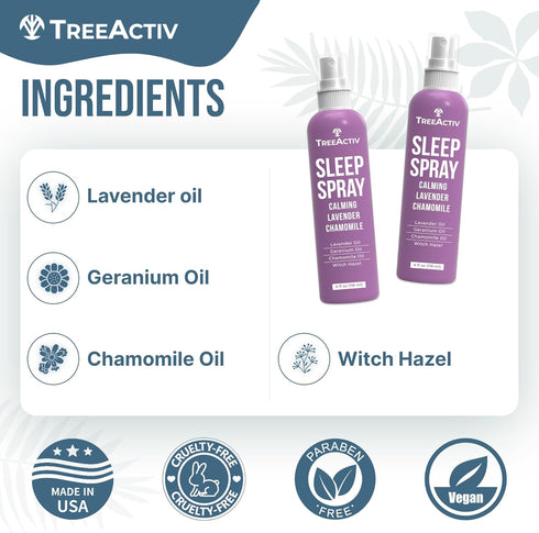 TreeActiv Sleep Spray, Calming Lavender Chamomile, Soothing Pillow Spray Air Freshener for Relaxation, 1000+ Sprays
