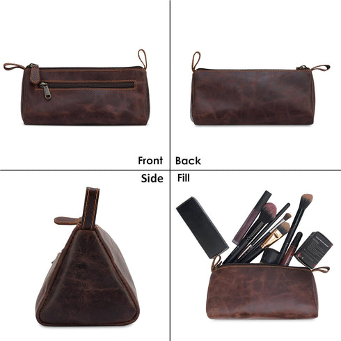 Makeup Bag for Travel - Slim Stylish Design, Genuine Leather Stationary Bag Fits in All Purses & Bags