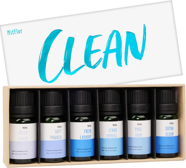 MitFlor Clean Fragrance Oil Set - Scented Essential Oils for Diffusers and Soap Candle Making - 6 x 10ml.