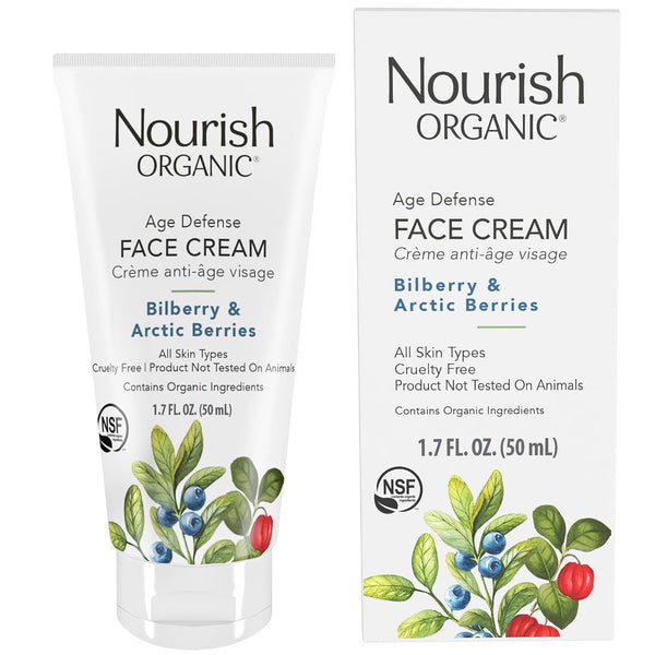 Nourish Organic Face Cream - Bilberry & Arctic Berries, Age Defense Formula with Aloe Vera, 1.7 Oz + Washable Cotton