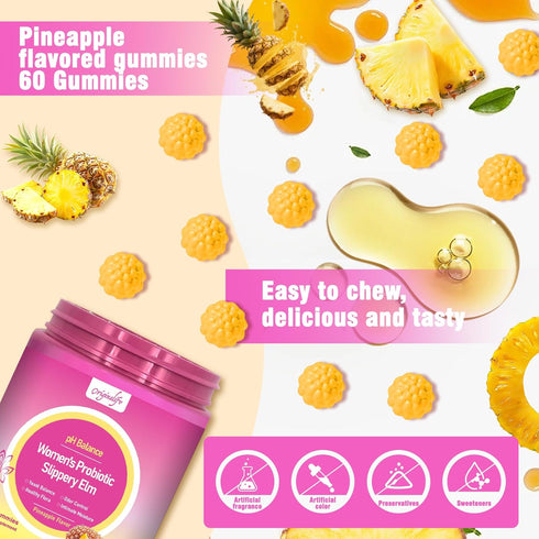 originalifv Gummies, 60 Gummies 4-in-1 Immune Women Probiotics Vegan Sugar-Free Hawaiian Pineapple with Slippery Elm