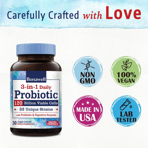 Bonawell Probiotics 120 Billion CFU, 32 Strains with Prebiotics, Digestive Enzymes for Gut Health, 30 Veggie Caps