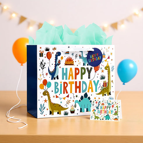 LEAYUGF 13.8" Large Dinosaur Gift Bag with Tissue Paper and Card For Kids Boys Birthday Dinosaur Themed Party Supplies