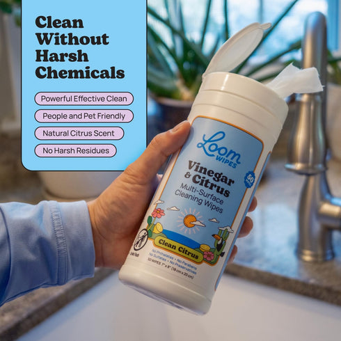 Loom Wipes 50 Count All Purpose Natural Cleaning Wipes - Vinegar & Citrus Powered Multi Surface Cleaner