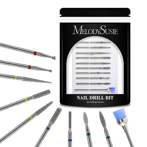 MelodySusie 10pcs Nail Drill Bits Set, 3/32 Inch Diamond Cuticle Bits for Nail Drill E-File, Manicure Tools