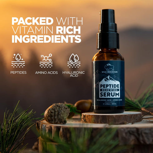 Wild Mountain Peptide Face Serum for Men, Hydrating Hyaluronic Acid & Collagen Boosting Amino Acids, 1 oz