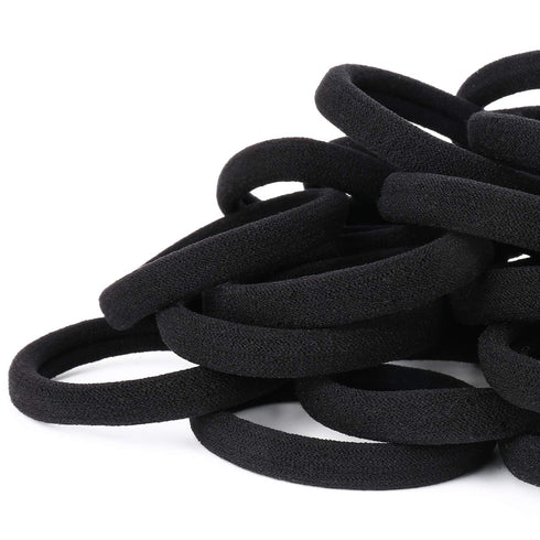 Qarwayoc 50PCS Black Hair Ties, Cotton Seamless Elastic Ponytail Holders, 2 Inch Diameter, No Damage for Thick Hair