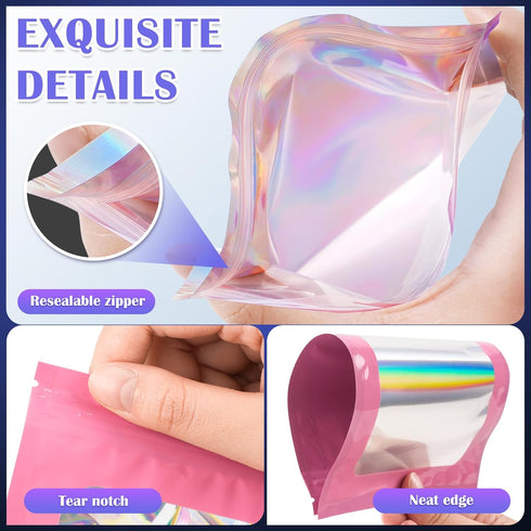 JETMORE 100 PCS Mylar Bags: Pink Holographic Smell Proof Resealable Bags for Small Business, 2.8x3.9in Foil Pouch Bags