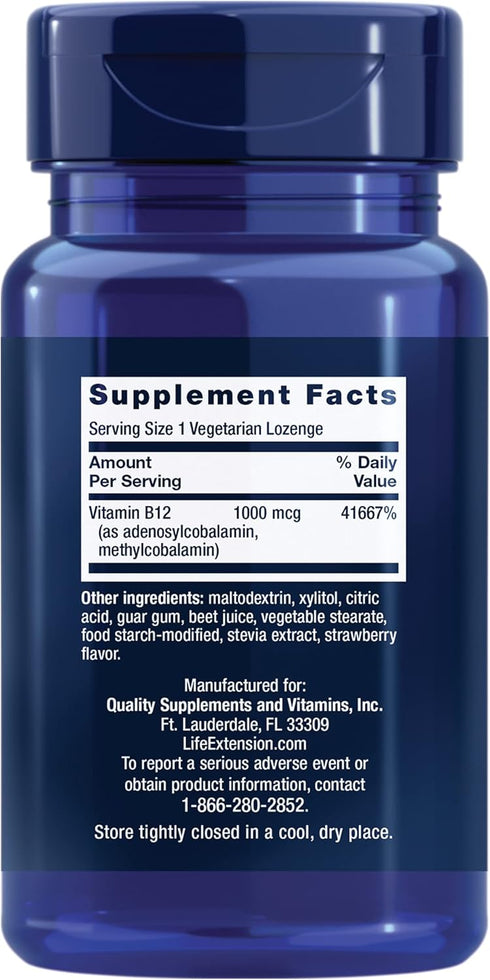 Life Extension B12 Elite, adenosylcobalamin, methylcobalamin, two active forms for brain health & dopamine production, non-GMO, gluten-free, vegetarian, 60 lozenges