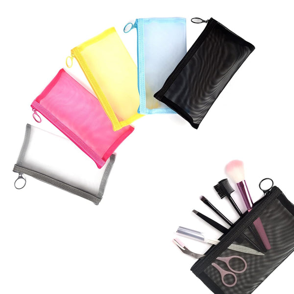 patu Zipper Mesh Bags, Long Case, 5 Pieces, Beauty Makeup Cosmetic Accessories Organizer, Assorted Colors Travel
