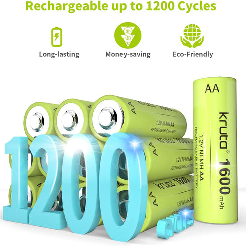 Kruta Ni-MH AA Rechargeable Batteries 1600mAh 1.2V for Garden Landscaping, Outdoor Solar Lights (8 Pack)