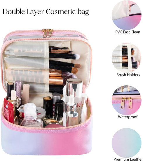 Travel Makeup Bag, Portable Waterproof Cosmetic Bag for Women, Foldable Makeup Cases (Rainbow Pink)