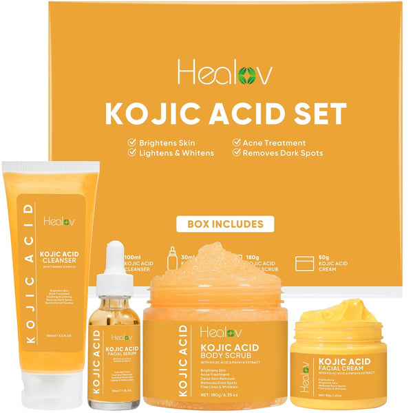 Kojic Acid Skincare Set – Kojic Soap Cleanser, Exfoliating Body Scrub, Face Cream & Brightening Serum for Dark Spots