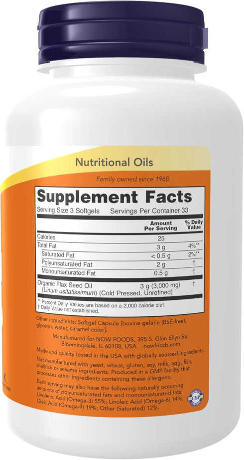 NOW Supplements, Flax Oil 1,000 mg made with Organic Flax Oil, Cardiovascular Support*, 100 Softgels