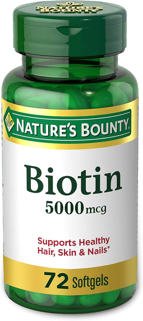 Nature's Bounty Biotin Vitamin Supplement, 5000 mcg, 72 Softgels - Supports Metabolism for Healthy Hair, Skin & Nails