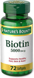 Nature's Bounty Biotin Vitamin Supplement, 5000 mcg, 72 Softgels - Supports Metabolism for Healthy Hair, Skin & Nails