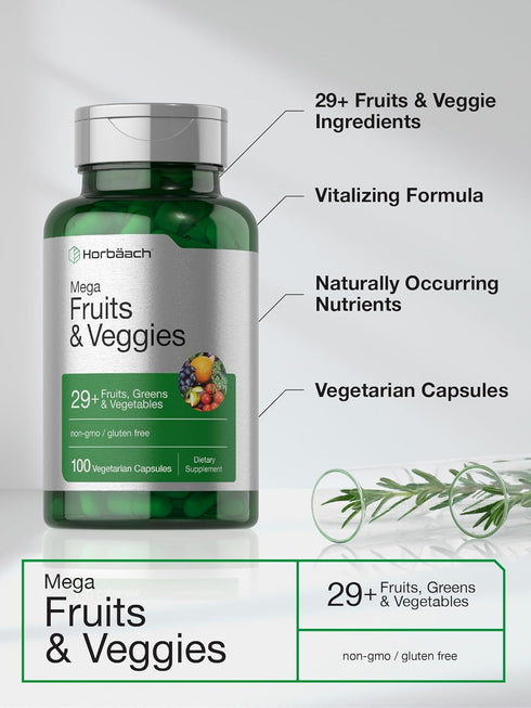 Horbaeach Mega Fruits and Veggies Supplement | 100 Capsules | Vegetarian, Non-GMO, Gluten Free