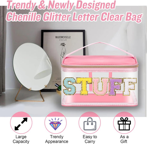 Chenille Letter Clear Makeup Bags Stuff Pouch, Preppy Zipper Makeup Bag with Handle, Transparent Waterproof Storage