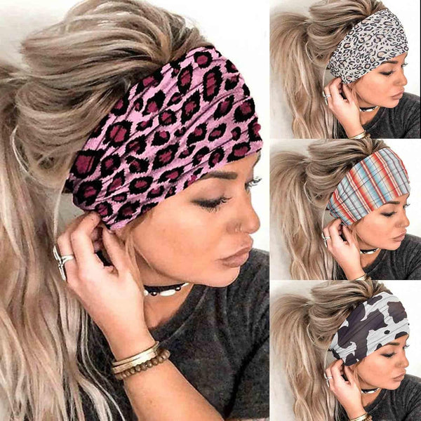 Olbye Boho Headbands for Women, Wide Turban Elastic Nonslip Hairbands for Workout Yoga Running (H- Leopard)