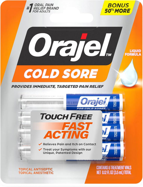Orajel Touch Free Cold Sore Treatment - 0.12oz Liquid Formula, Immediate & Targeted Pain Relief, Bonus Size, 6