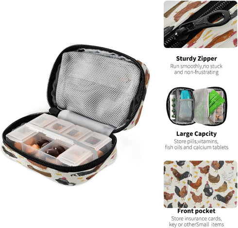 Set 7 Hens Roosters Chickens Pill Organizer Case Day Rustic Travel Pill Box with Zipper Portable Small Weekly Vitamin