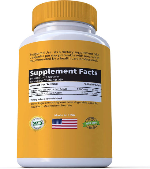 High Dose Extra Strength Vitamin C + Zinc Complex - 1200mg for Immune Support, 120 Veggie Capsules