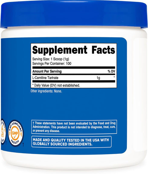 Nutricost L-Carnitine Tartrate Powder, 100 Grams, 1 Gram per Serving, 100 Servings