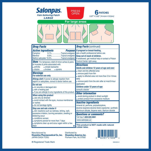 Salonpas LARGE Pain Relieving Patch, 6 Count for Back, Neck, Shoulder, Knee Pain, 8 Hour Muscle Soreness Relief