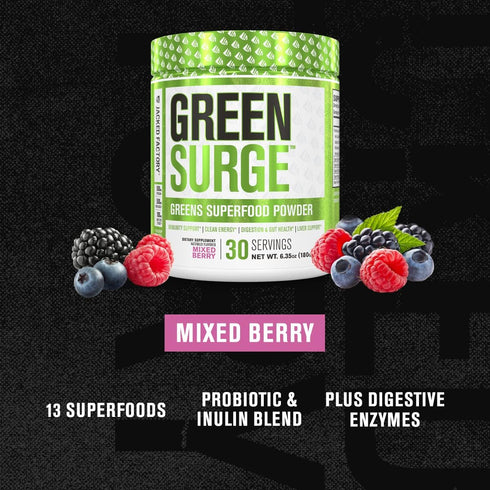Jacked Factory Green Surge Superfood Powder - Keto Friendly Greens Drink w/Spirulina, Organic Greens, Mixed Berry, 10.6