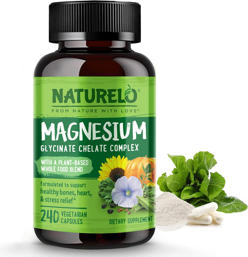 NATURELO Magnesium Glycinate Supplement - 240 Capsules, 200 mg Glycinate Chelate with Organic Vegetables for Sleep &