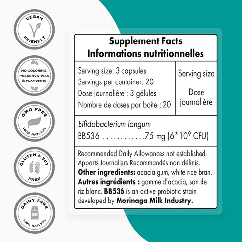 Supersmart Bifidobacterium Longum - 6 Billion CFU Probiotics & Prebiotics Supplement, Non-GMO & Gluten Free - 60 DR