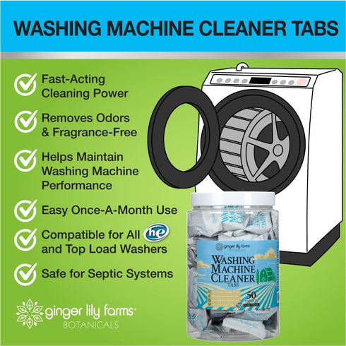 Ginger Lily Farms Botanicals Washing Machine Cleaner Tabs, 50-Count Deep Cleaning Tablets for HE Front Load & Top Load