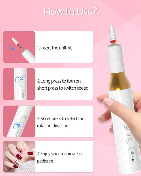 Nail Drill Cordless Electric Files - Gel Nails Efile Manicure Kit for Women, Rechargeable Wireless Grinder (M918)