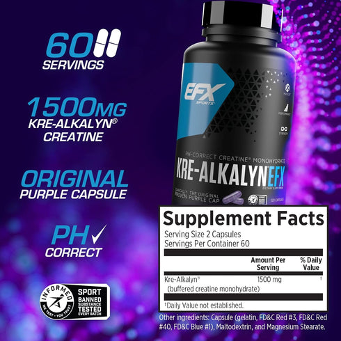 EFX Sports Kre-Alkalyn EFX, pH Correct Creatine Monohydrate Supplement, 60 Servings, 120 Capsules