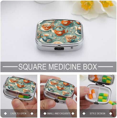 STVNKML 2 Teapot and Mug Pill Box Travel Pill Organizer Compartment Weekly Pill Case with Mirror A Day Medicine
