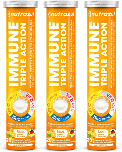 nutrazul Immune Triple Action Effervescent Tablet - 1000 mg Vitamin C, Vitamin D, Zinc, Orange 20's (Pack of 3), Gluten