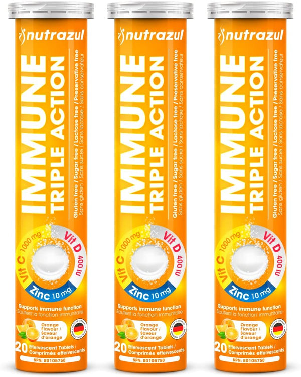 nutrazul Immune Triple Action Effervescent Tablet - 1000 mg Vitamin C, Vitamin D, Zinc, Orange 20's (Pack of 3), Gluten
