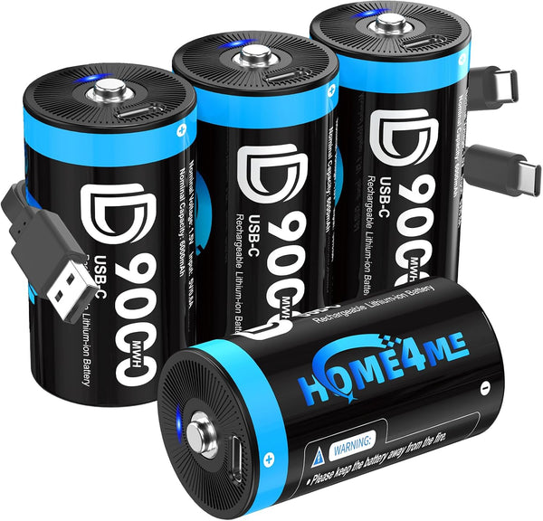 Home4me Rechargeable D Batteries 4 Pack, 9000mWh Rechargeable Lithium D Battery, 1.5V D