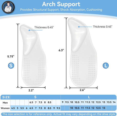 Arch Support Shoe Inserts - MHBH Self-Adhesive Arch Pads for Flat Feet and Heel Pain, Gel Insoles for Men and Women (2